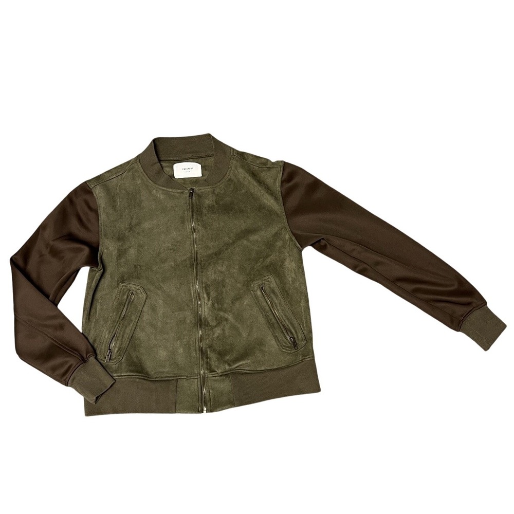 Passport Solo Traveler Womens M Faux Suede Olive Green Bomber Varsity Jacket Zip